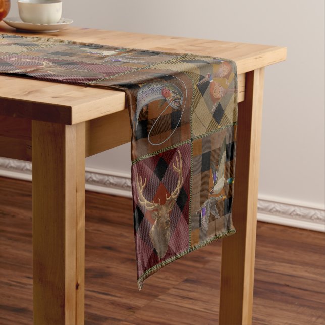 Hunt Club Plaid With Wildlife Game  Short Table Runner (In Situ)