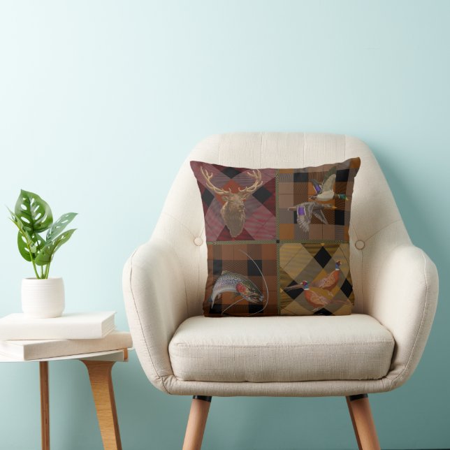Hunt Club Plaid with Wildlife Game Throw Pillow (Chair)