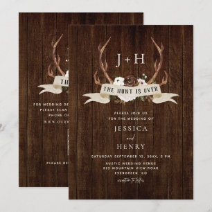 Hunt is Over Antlers Rustic Wood QR Code Wedding  Invitation