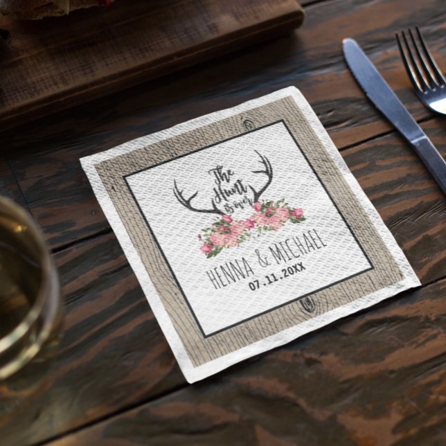 Hunt is Over Rustic Antler Barnwood Floral Wedding Napkin (Creator Uploaded)