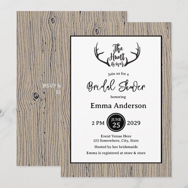 "Hunt is Over" Rustic Antler Barnwood Wedding Invitation (Front/Back)