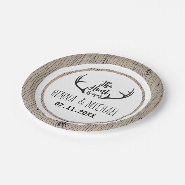 "Hunt is Over" Rustic Antler Barnwood Wedding Paper Plate (Angled)