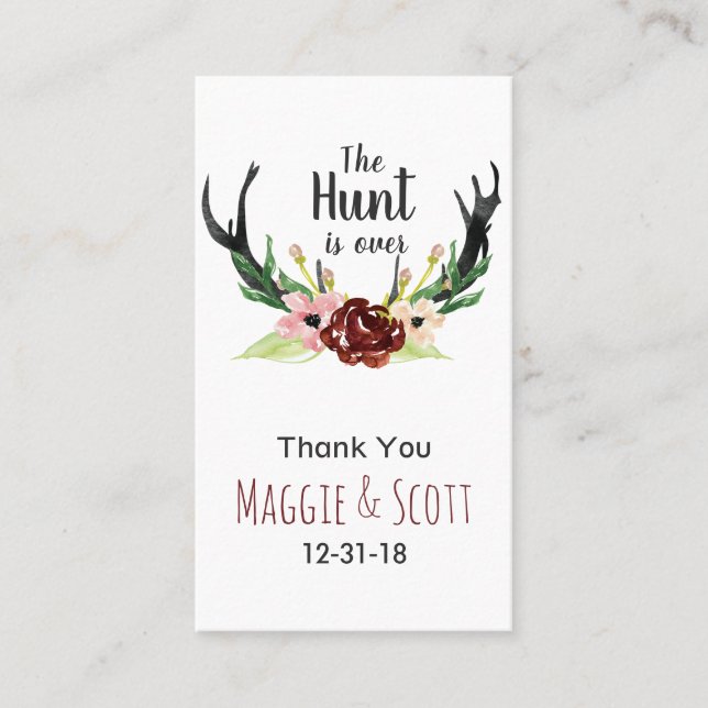 Hunt is Over Rustic Antler Burgundy Floral Wedding Business Card (Front)