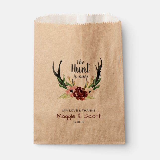 Hunt is Over Rustic Antler Burgundy Floral Wedding Favour Bag (Front)