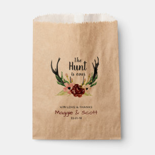 Hunt is Over Rustic Antler Burgundy Floral Wedding Favour Bag