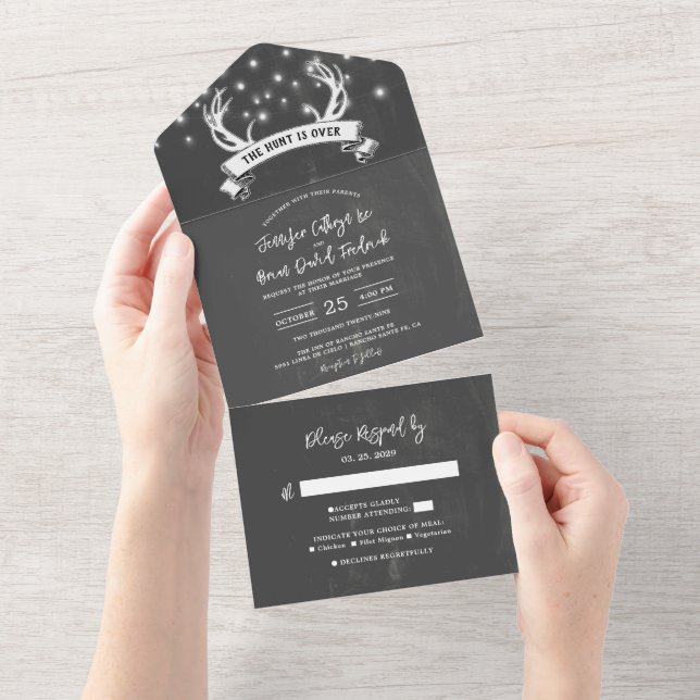 "Hunt is Over" Rustic Antler Strings Light Wedding All In One Invitation (Tearaway)