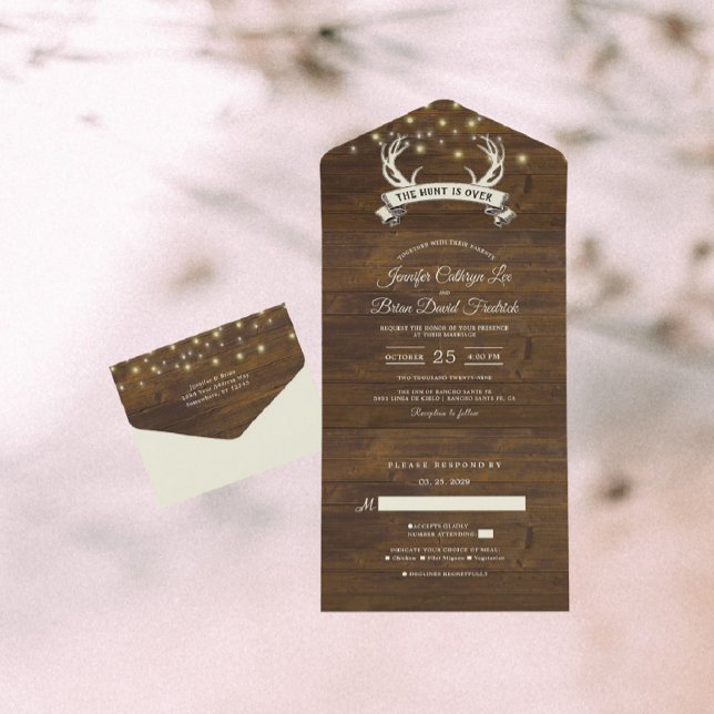 "Hunt is Over" Rustic Antler Strings Light Wedding All In One Invitation (Creator Uploaded)
