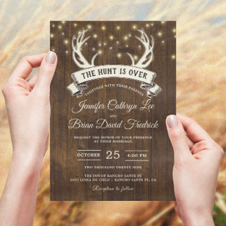"Hunt is Over" Rustic Antler Strings Light Wedding Invitation