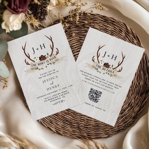 Hunt is Over Rustic Antlers QR Code Wedding  Invitation
