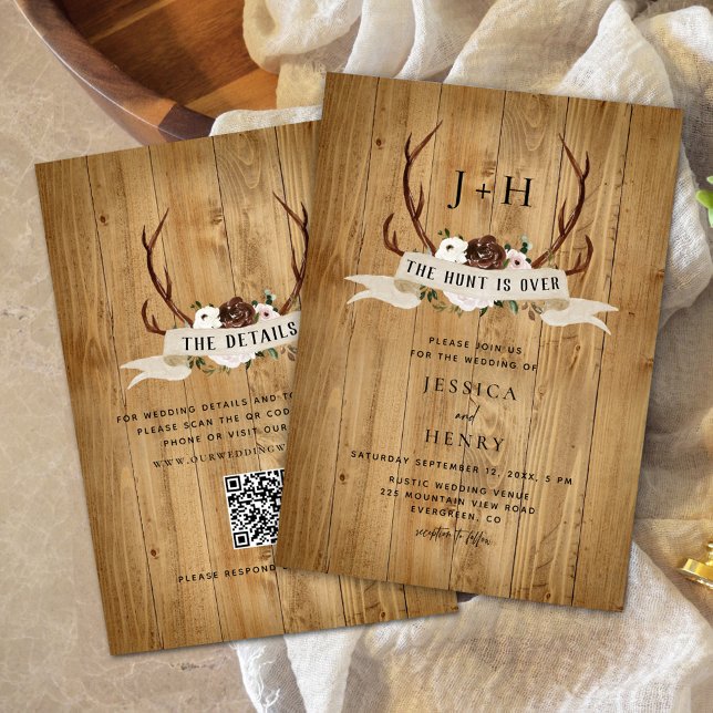 Hunt is Over Rustic Antlers Wedding QR Code Invitation (Creator Uploaded)