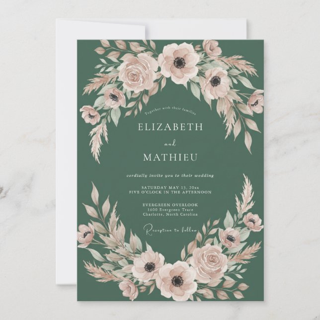 Hunter Blush Pink Leafy Wedding Invitation (Front)