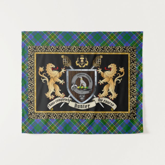 Hunter Clan Badge & Motto w/Lions  Tapestry (Front (Horizontal))