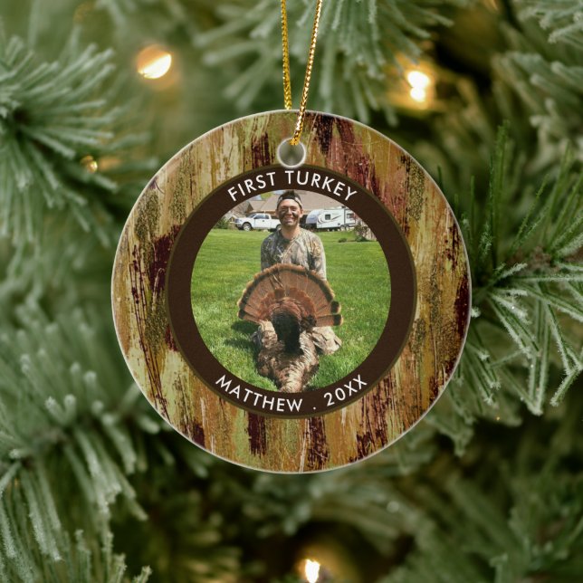 Hunter FIRST TURKEY Photo Brown Green Personalized Ceramic Ornament (Tree)