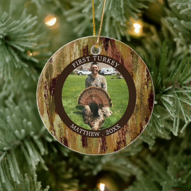 Hunter FIRST TURKEY Photo Camouflage Personalized Ceramic Ornament (Tree)