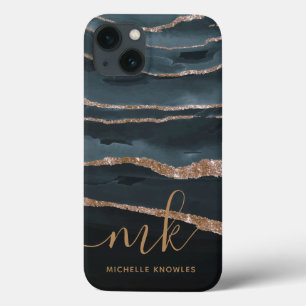 Hunter Granite Marble Gold Texture Custom Initials iPhone 13 Case
