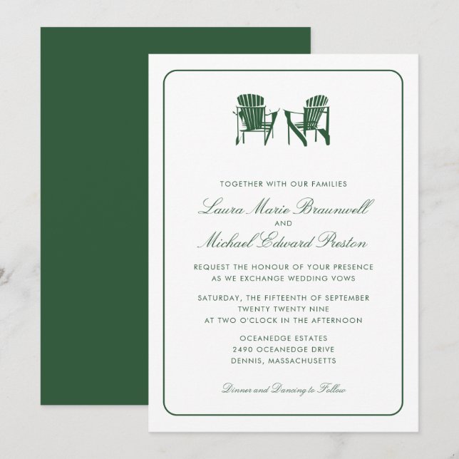 Hunter Green Adirondack Chairs Wedding Invitation (Front/Back)