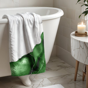 Hunter Green Agate Silver Glitter White Marble  Bath Towel