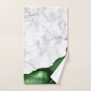 Hunter Green Agate Silver Glitter White Marble Hand Towel