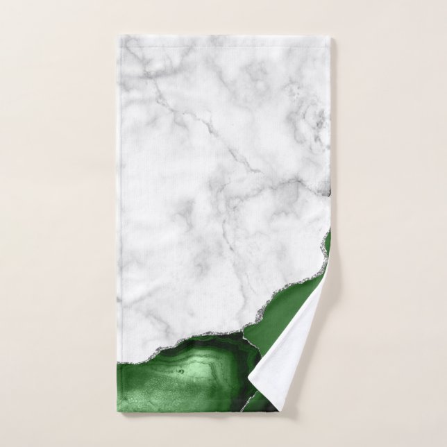 Hunter Green Agate Silver Glitter White Marble Hand Towel (Hand Towel)