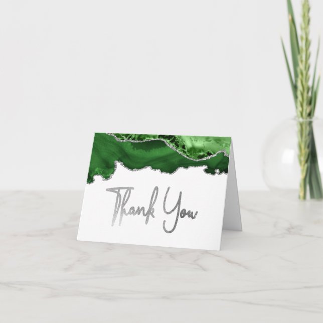 Hunter Green Agate Silver Script Thank You Card (Front)