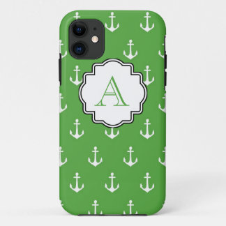 Hunter Green Anchor Print Monogram iPhone 11 Case