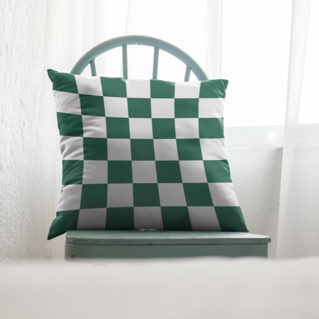 Hunter Green and White Chequered Throw Pillow (Hunter Green and White Checkered Throw Pillow)