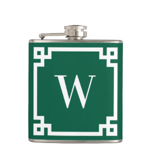 Hunter Green and White Greek Key Border Monogram Hip Flask