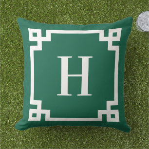 Hunter Green and White Greek Key Border Monogram Outdoor Pillow