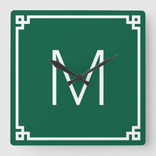 Hunter Green and White Greek Key Border Monogram Square Wall Clock
