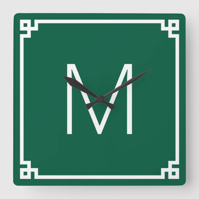 Hunter Green and White Greek Key Border Monogram Square Wall Clock (Front)