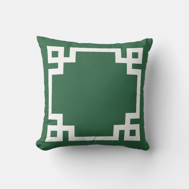 Hunter Green and White Greek Key Border Outdoor Pillow (Front)