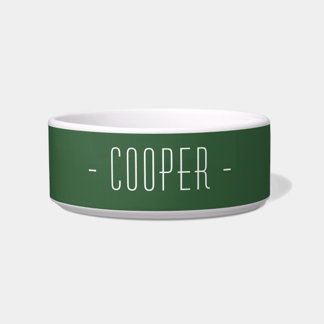 Hunter Green and White Minimal Elegant Name Pet Bowl (Front)