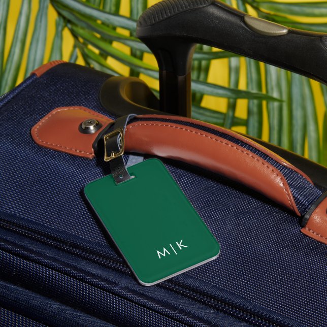 Hunter Green and White  Modern Monogram  Luggage Tag (Front Insitu 1)