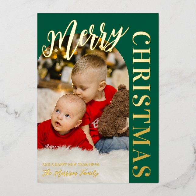 Hunter Green Arch Photo Merry Christmas Gold Foil Holiday Card (Front)