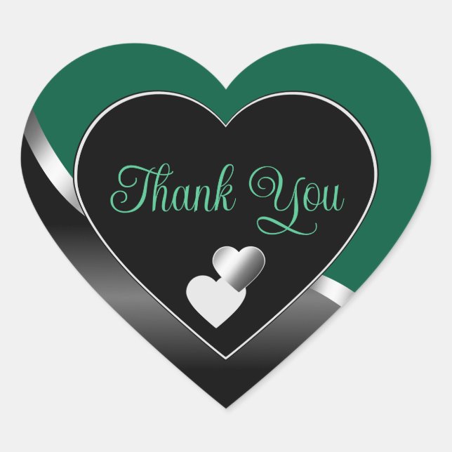 Hunter Green Black Hearts Wavy Silver Thank You Heart Sticker (Front)