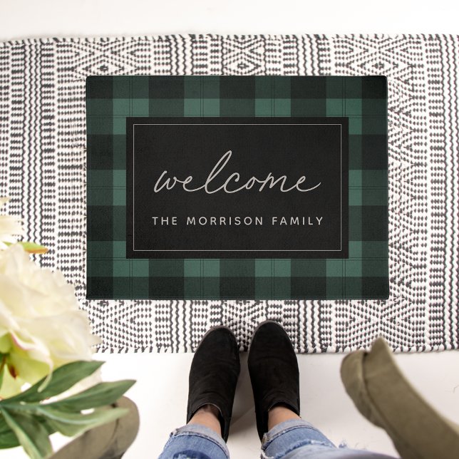 Hunter Green & Black Plaid Personalized Welcome Doormat (Creator Uploaded)