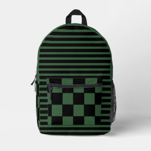 Hunter Green Black Vintage Chequered and Striped Printed Backpack