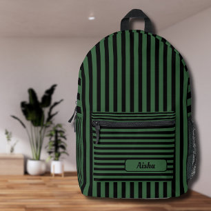 Hunter Green Black Vintage Striped Name Printed Backpack