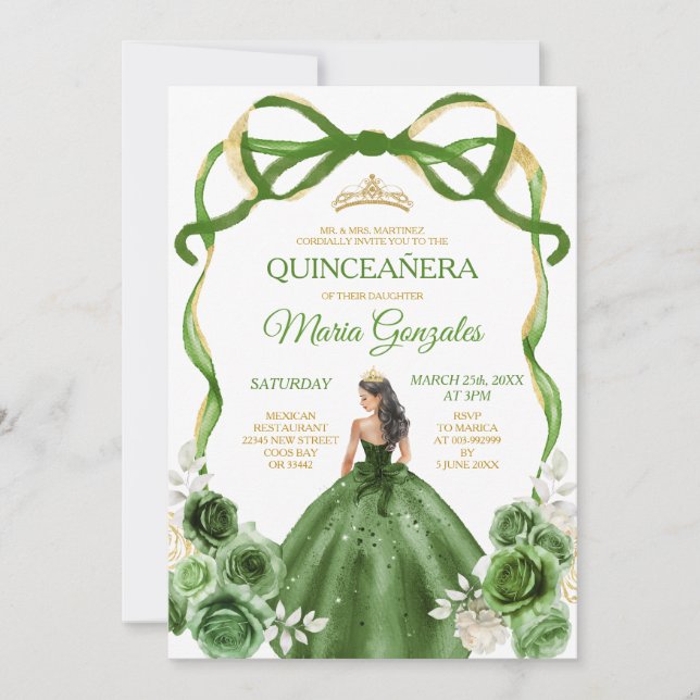 Hunter Green Bow Princess Gold Crown Quinceañera Invitation (Front)