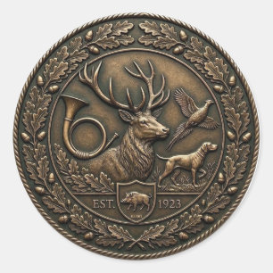 Hunter Green & Bronze Hunting Lodge Emblem Fabric  Classic Round Sticker