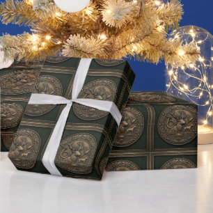 Hunter Green & Bronze Hunting Lodge Emblem Fabric  Wrapping Paper