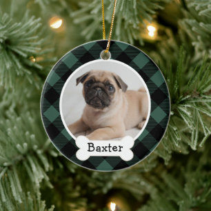 Hunter Green Buffalo Plaid Christmas Dog Photo Ceramic Ornament