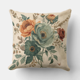 Hunter Green Burnt Orange Sage Farmhouse Floral Throw Pillow
