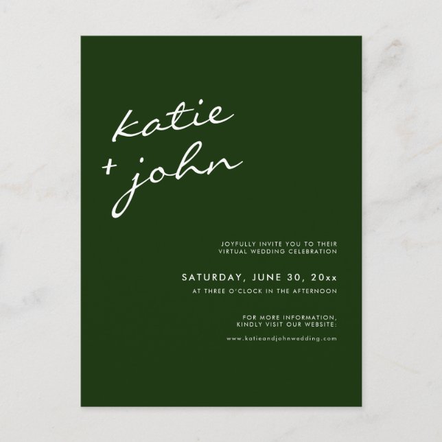 Hunter Green Calligraphy Virtual Wedding Invitation Postcard (Front)