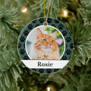 Hunter Green Cat Photo Script Name Paw Print Ceramic Ornament