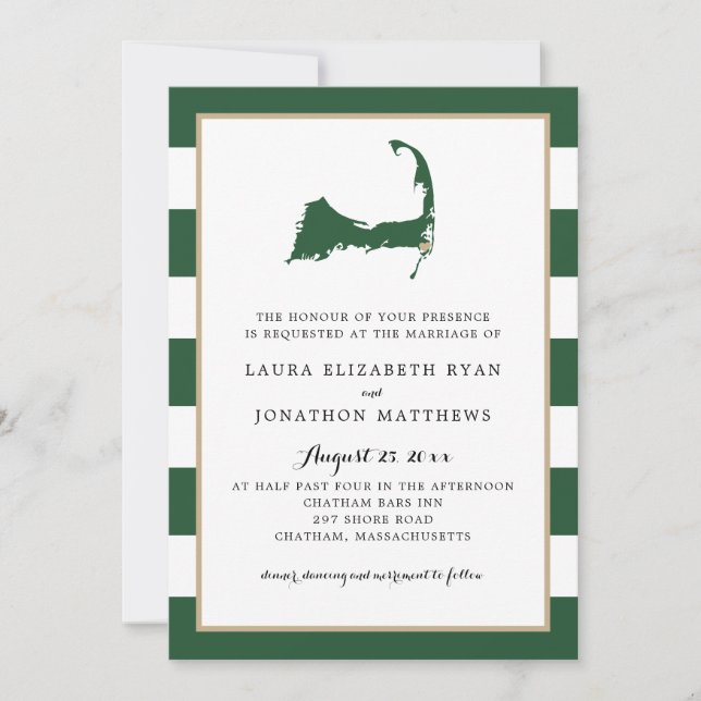 Hunter Green Chatham Cape Cod Map w/ Heart Wedding Invitation (Front)