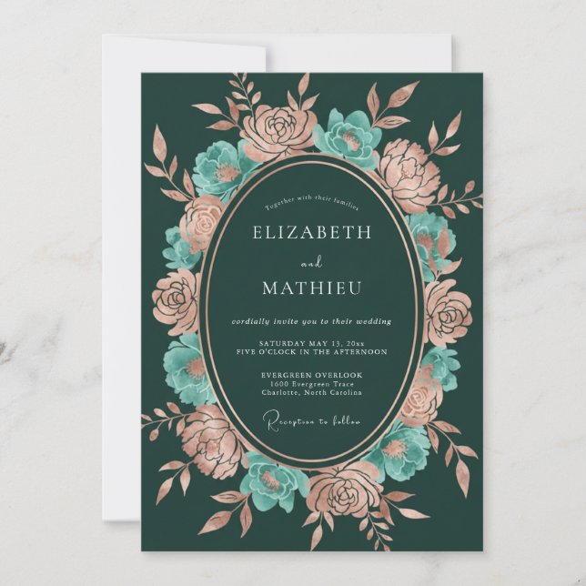 Hunter Green Copper Botanical Wedding Invitation (Front)