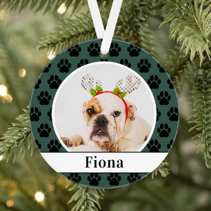 Hunter Green Dog Photo Script Name Paw Print Ornament