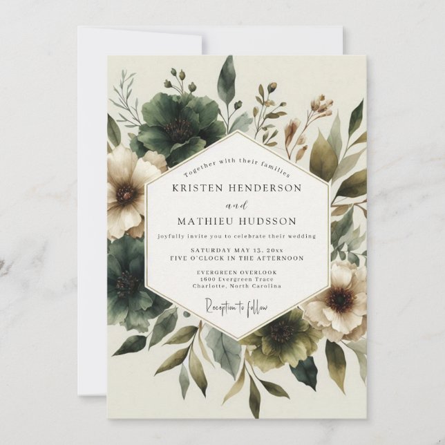 Hunter Green Earthy Flora Wedding Invitation (Front)