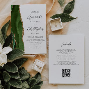 Hunter Green Gold Agate QR Code Wedding Invitation